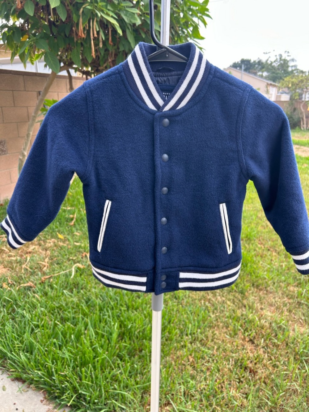 GAP Navy Blue Varsity-Style Fleece Jacket with White Stripes